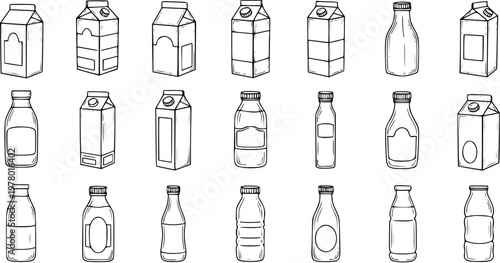 Milk Container Collection: Hand-Drawn Black  White Vector Set of Boxes and Bottles for Dairy Products, Juices, Beverages. Food Packaging Icons.