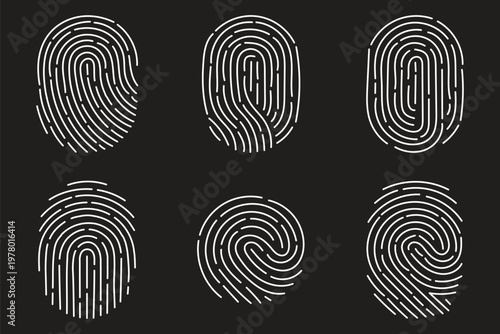 Fingerprint scanning icon set. Fingerprint identity and security symbols isolated on transparent background. Fingerprint icon signature signs for password encryption. Vector illustration