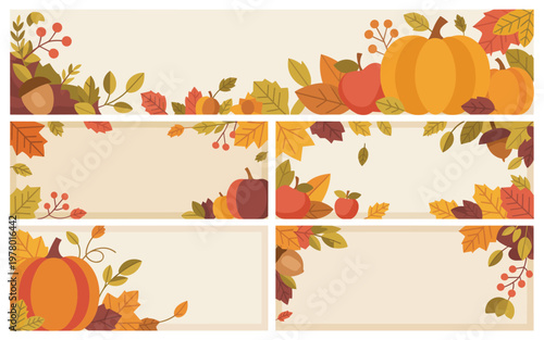 A vibrant Thanksgiving border design featuring pumpkins and leaves on a beige background divided into sections.