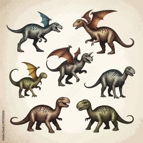 Collection of various vintage style dragon and dinosaur creatures.