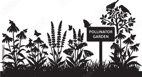 Silhouette of a pollinator garden with birds and flowers, Generative Ai