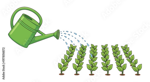 Green watering can irrigating rows of young green plants in a field cartoon style illustration on white background garden maintenance