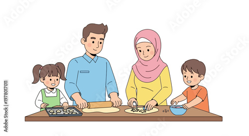 Happy Muslim family baking together at home making cookies with rolling pin and cookie cutters in cartoon illustration style