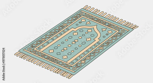 Illustrated Islamic prayer rug with geometric and floral patterns light teal and beige colors fringes in vector design ideal for Ramadan and Eid