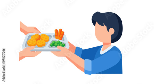 Child receiving lunch tray with healthy food in cafeteria or school setting