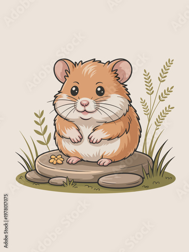 A cute hamster sitting on a rock surrounded by grass and plants outdoors
