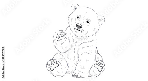 Cute Polar Bear Cub Waving Hello, Hand-Drawn Sketch, Isolated on White