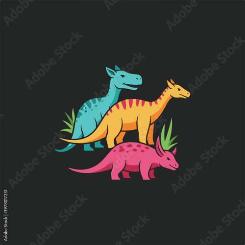 Colorful cartoon dinosaurs group illustration on dark background.