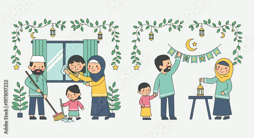 Muslim family cleaning and decorating home for Eid al-Fitr celebration in cartoon style vector illustration with festive decorations