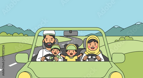 Muslim family enjoying a road trip in green car against mountain backdrop; vector illustration of happy parents and children traveling