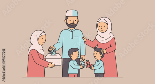 Muslim family giving zakat al-Fitr donation in charity box vector illustration with kids holding toys on light beige background