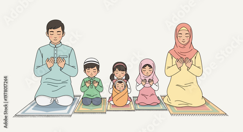Muslim family praying together on prayer rugs a vector illustration featuring parents and children in traditional Islamic attire religious practice