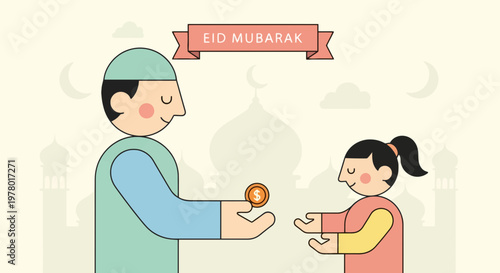 Muslim man giving Eidi to a girl in cartoon vector illustration style with Eid Mubarak banner on light yellow background for Islamic holiday