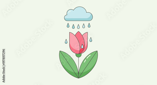Pink tulip under a rain cloud in vector style illustration with pastel colors; simple cute flower design for springtime designs