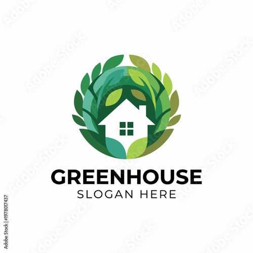 This logo showcases a stylized greenhouse icon surrounded by vibrant leaves, emphasizing sustainability, growth, and environmental awareness in design.