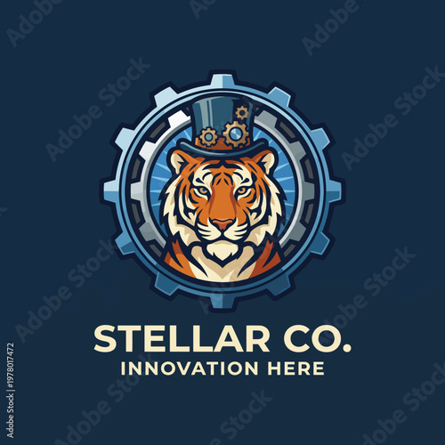 This logo depicts a fierce tiger donning a top hat, surrounded by mechanical gears, merging notions of tradition and innovation in a striking, bold aesthetic.