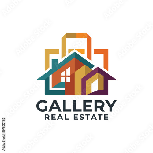 A vibrant logo design for a real estate company featuring stylized houses in various colors, representing homes, community, and trust in the housing market.