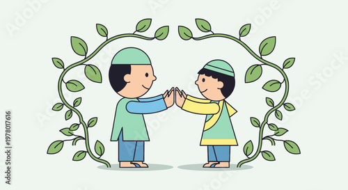 Two muslim boys in traditional caps greeting each other with hands framed by lush vines vector illustration in cartoon style