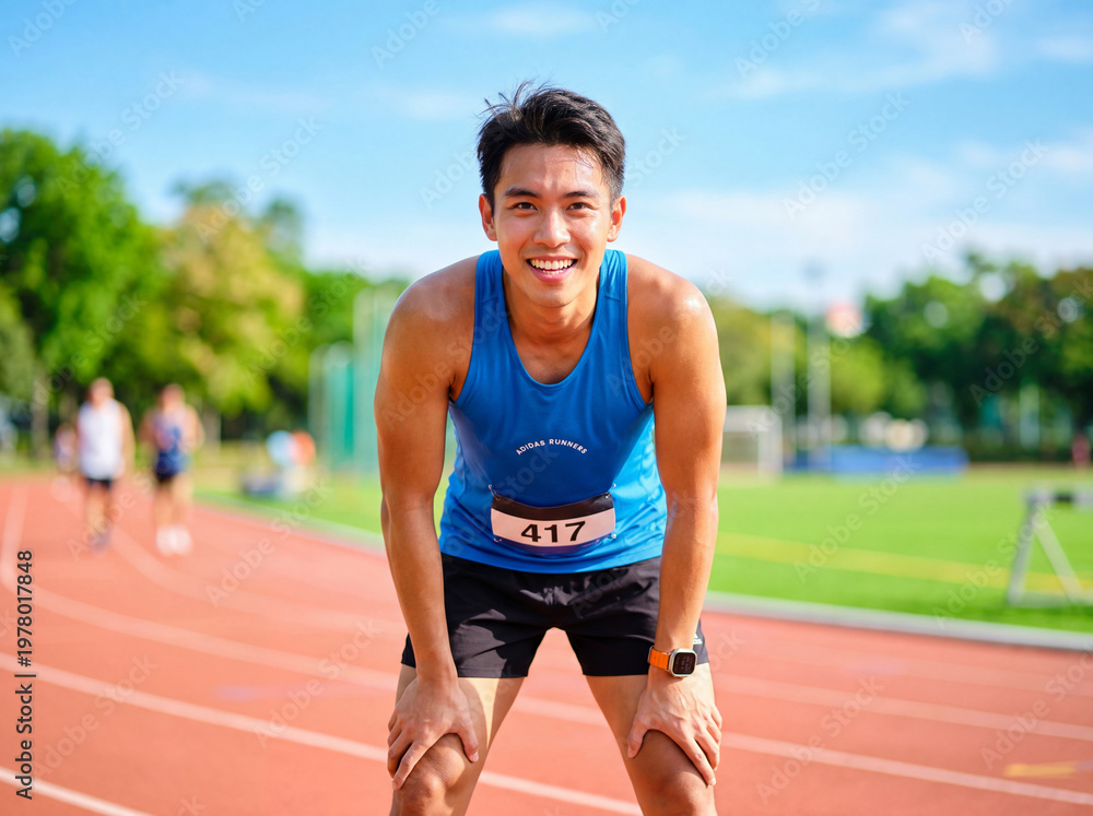 Obraz premium Smiling asian runner rests on a track, hands on knees, catching breath after workout