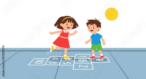 Girl and boy playing hopscotch on sidewalk with sun in the sky vector illustration in cartoon style for children's activities