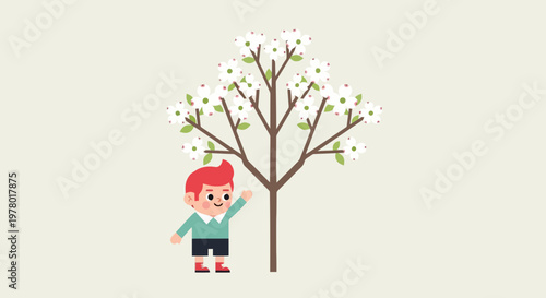 Young boy reaching for a flowering dogwood tree in spring cartoon illustration with flat design and pastel colors happy and playful scene