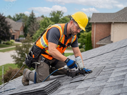 Professional roofer carefully installs new shingles on a residential house roof