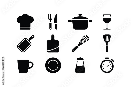 A collection of black kitchen icons on a white background for cooking and food