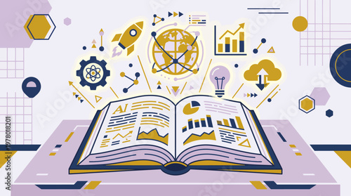 Vibrant illustration depicting an open book as the epicenter of knowledge, data analysis, artificial intelligence, and technological innovation for future growth