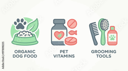 Illustrated set of organic dog food, pet vitamins, and grooming tools, designed for pet owners seeking quality care and products for their beloved animals