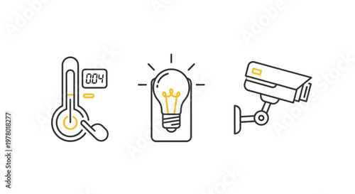 Collection of smart home icons a thermometer, a light bulb, and a security camera, representing technology and convenience
