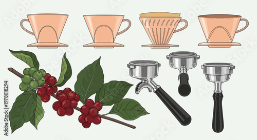 Brewing coffee A collection of coffee drippers, espresso portafilters, and fresh coffee cherries on a branch