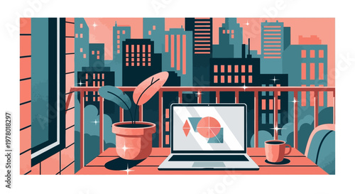 Balcony workspace overlooking cityscape at sunset with laptop and potted plant