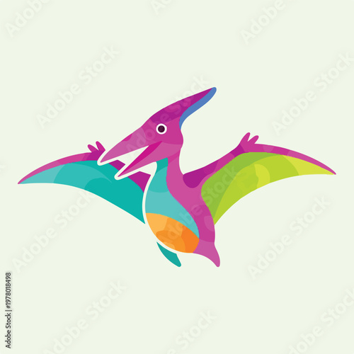 Colorful cartoon pterodactyl flying dinosaur illustration.