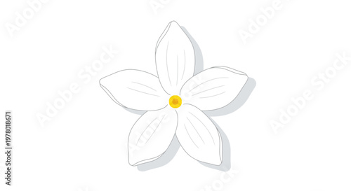 Elegant white jasmine flower with a yellow center presented as a clean vector illustration against a crisp white backdrop casting a subtle shadow