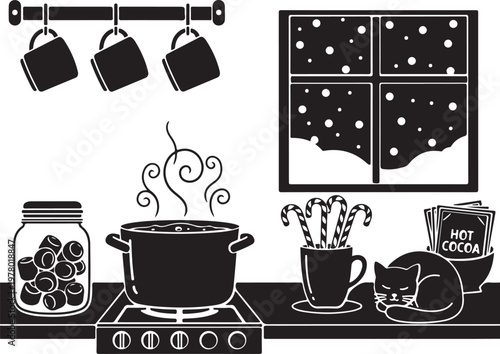 Silhouette of kitchen with cat by snowy window at night, Generative Ai