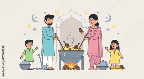 Happy Muslim family cooking traditional Eid dinner together in an illustration with crescent moons and stars in neutral tones