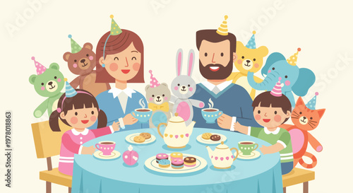 Happy cartoon family and animal toys celebrating birthday tea party with cake and sweets in whimsical vector illustration style