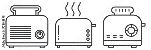 Modern toaster line icon set, kitchen appliance outline, breakfast cooking equipment symbols, home appliance design concept, clean vector illustration