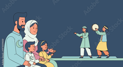 Muslim family celebrating together with children playing tambourine instruments in cartoon illustration style on blue backdrop