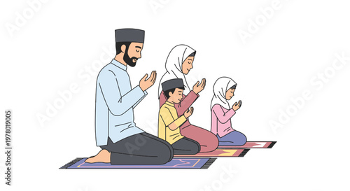 Muslim family praying together on prayer mats vector illustration in cartoon style with soft pastel colors showing religious devotion and unity