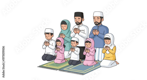 Muslim family praying together kneeling on prayer mat cartoon vector illustration of religious Islamic group in worship
