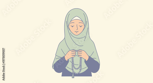 Muslim woman in green hijab holding prayer beads with serene expression in minimalist vector art style illustration against cream background