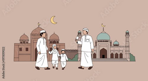 Muslim family visiting mosque with crescent moon in illustration style; celebrating Eid al-Fitr in Middle East culture with Islamic architecture