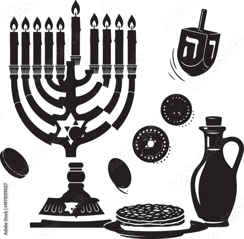 Hanukkah silhouette with menorah dreidel and traditional foods, Generative Ai