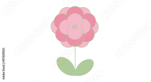 Pink flower head with green leaves vector illustration in cute simple cartoon style perfect for decorative designs and springtime themes