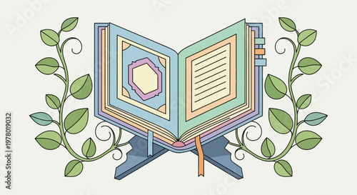 Ornate Quran book illustration with leaves and classic design elements featuring pastel colors and decorative stand for Islamic themes