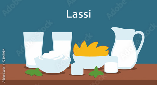 Refreshing lassi drink illustration with glasses yogurt bowl and mint leaves on a brown table against a teal background