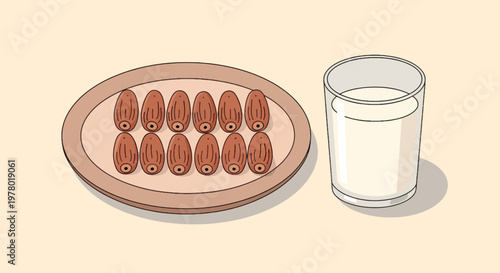 Plate of cartoon dates with a glass of milk illustration simple and clean design on light background Ramadan theme for iftar