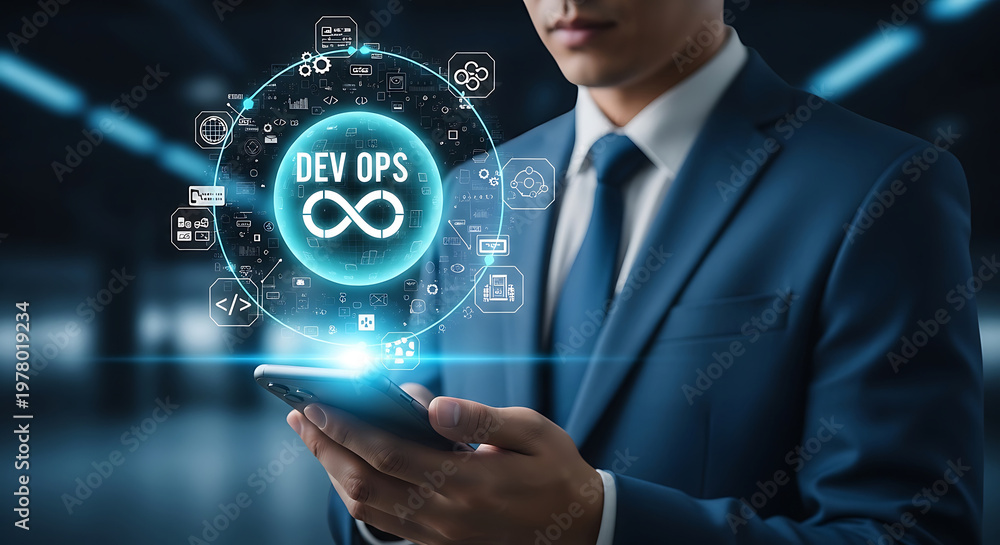 Fototapeta premium devops software development and business technology concept with a businessman using a smartphone to interact with a digital transformation interface.