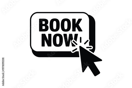 A black and white graphic of a computer mouse clicking a book now button